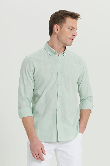 %100 Pamuk Flamlı Oxford Slim Fit Dar Kesim Düğmeli Yaka Açık Mint Gömlek resmi
