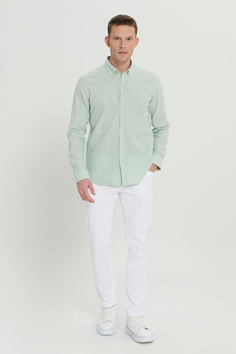 %100 Pamuk Flamlı Oxford Slim Fit Dar Kesim Düğmeli Yaka Açık Mint Gömlek resmi