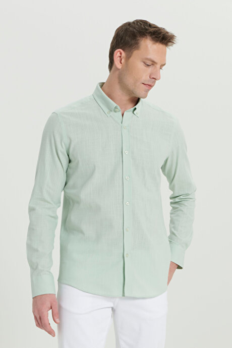 %100 Pamuk Flamlı Oxford Slim Fit Dar Kesim Düğmeli Yaka Açık Mint Gömlek resmi
