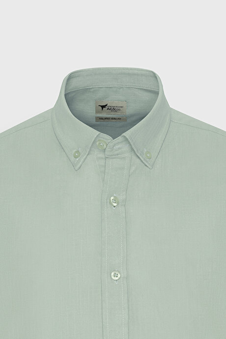 %100 Pamuk Flamlı Oxford Slim Fit Dar Kesim Düğmeli Yaka Açık Mint Gömlek resmi