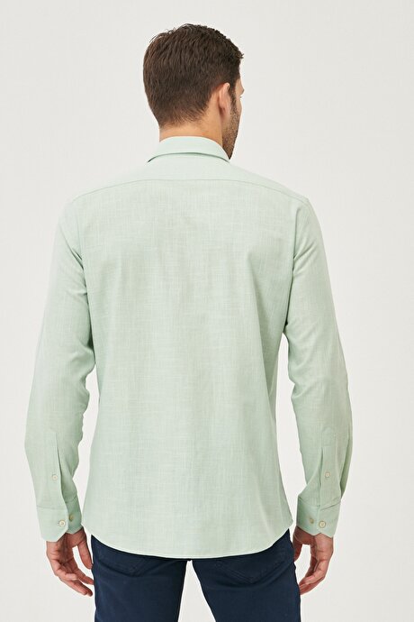 Tailored Slim Fit Dar Kesim Düğmeli Yaka Keten Görünümlü %100 Pamuk Flamlı Açık Mint Gömlek resmi