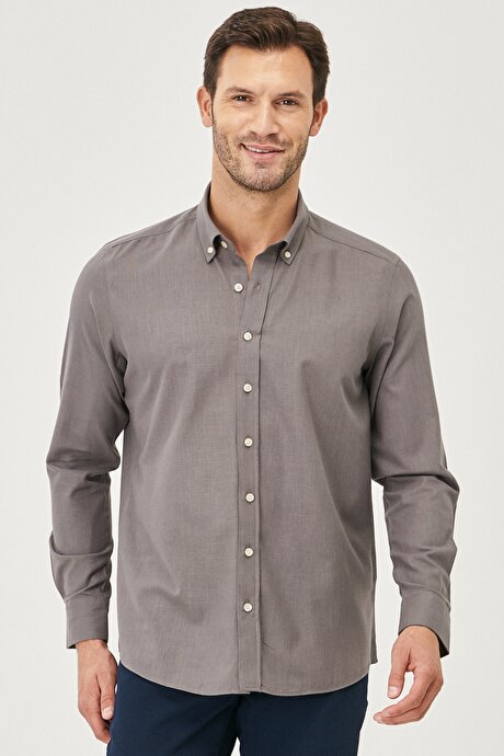 Tailored Slim Fit Dar Kesim Oxford Düğmeli Yaka Keten Görünümlü %100 Pamuk Flamlı Antrasit Gömlek resmi