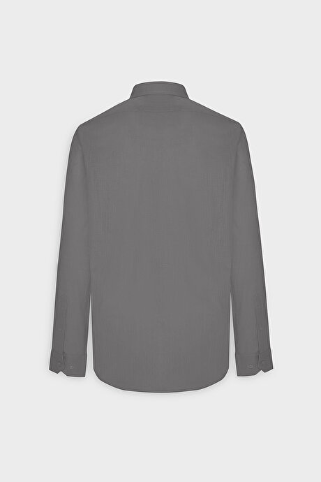 Tailored Slim Fit Dar Kesim Düğmeli Yaka Keten Görünümlü %100 Pamuk Flamlı Antrasit Gömlek resmi