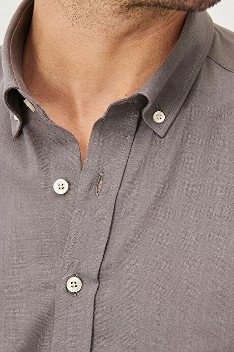 Tailored Slim Fit Dar Kesim Düğmeli Yaka %100 Pamuk Antrasit Gömlek resmi