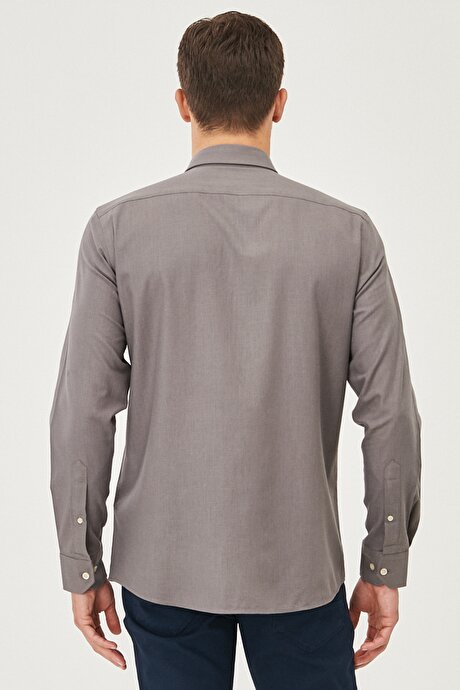 Tailored Slim Fit Dar Kesim Oxford Düğmeli Yaka Keten Görünümlü %100 Pamuk Flamlı Antrasit Gömlek resmi