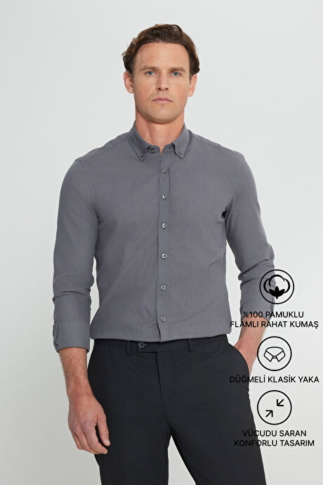 %100 Pamuk Flamlı Oxford Slim Fit Dar Kesim Düğmeli Yaka Antrasit Gömlek resmi