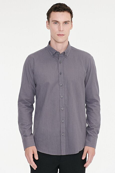 %100 Pamuk Flamlı Oxford Slim Fit Dar Kesim Düğmeli Yaka Antrasit Gömlek resmi