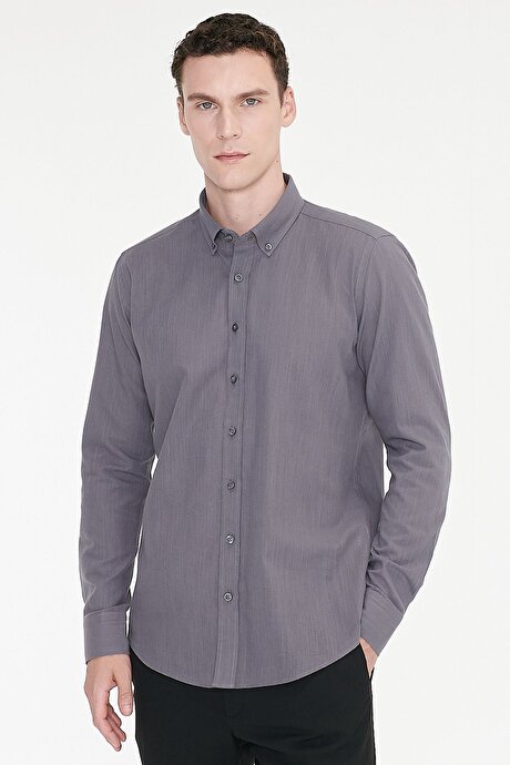 %100 Pamuk Flamlı Oxford Slim Fit Dar Kesim Düğmeli Yaka Antrasit Gömlek resmi