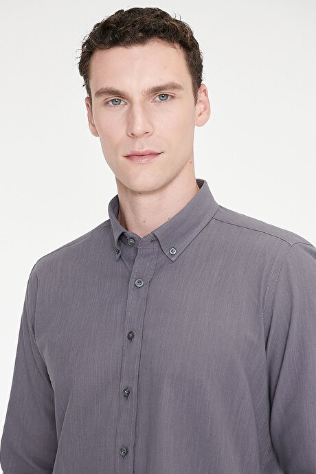 %100 Pamuk Flamlı Oxford Slim Fit Dar Kesim Düğmeli Yaka Antrasit Gömlek resmi