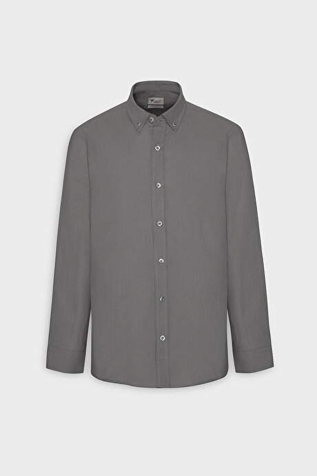 %100 Pamuk Flamlı Oxford Slim Fit Dar Kesim Düğmeli Yaka Antrasit Gömlek resmi