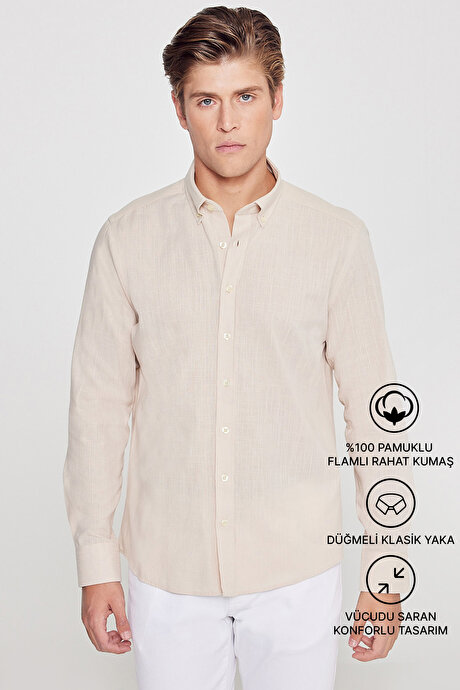 %100 Pamuk Flamlı Oxford Slim Fit Dar Kesim Düğmeli Yaka Bej Gömlek resmi