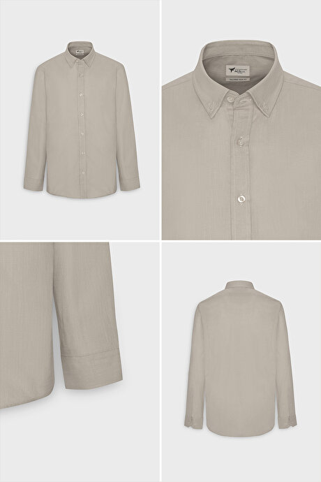 %100 Pamuk Flamlı Oxford Slim Fit Dar Kesim Düğmeli Yaka Bej Gömlek resmi