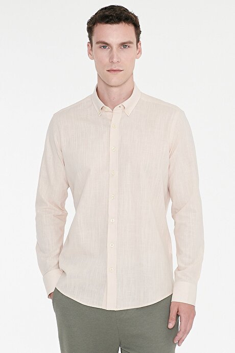 %100 Pamuk Flamlı Oxford Slim Fit Dar Kesim Düğmeli Yaka Bej Gömlek resmi