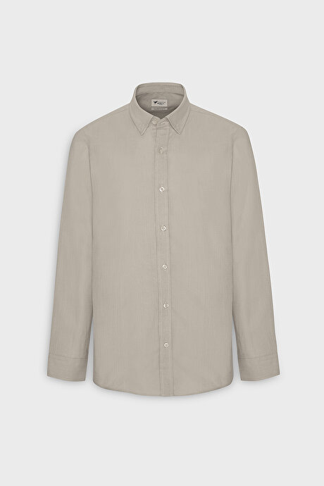 %100 Pamuk Flamlı Oxford Slim Fit Dar Kesim Düğmeli Yaka Bej Gömlek resmi