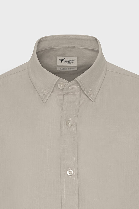 %100 Pamuk Flamlı Oxford Slim Fit Dar Kesim Düğmeli Yaka Bej Gömlek resmi
