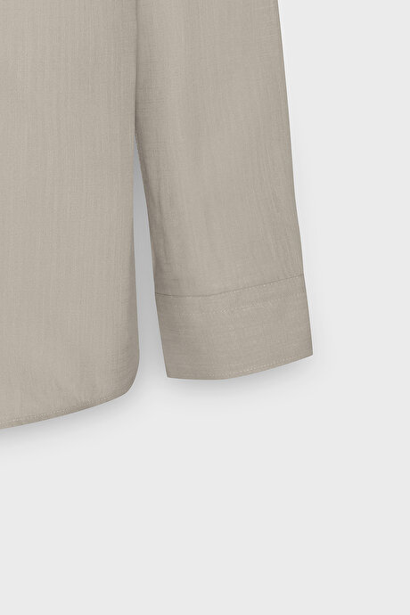 %100 Pamuk Flamlı Oxford Slim Fit Dar Kesim Düğmeli Yaka Bej Gömlek resmi