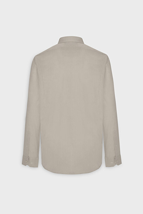 %100 Pamuk Flamlı Oxford Slim Fit Dar Kesim Düğmeli Yaka Bej Gömlek resmi
