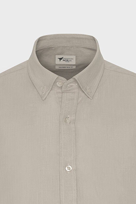 Tailored Slim Fit Dar Kesim Düğmeli Yaka Keten Görünümlü %100 Pamuk Flamlı Bej Gömlek resmi