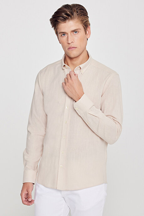 %100 Pamuk Flamlı Oxford Slim Fit Dar Kesim Düğmeli Yaka Bej Gömlek resmi
