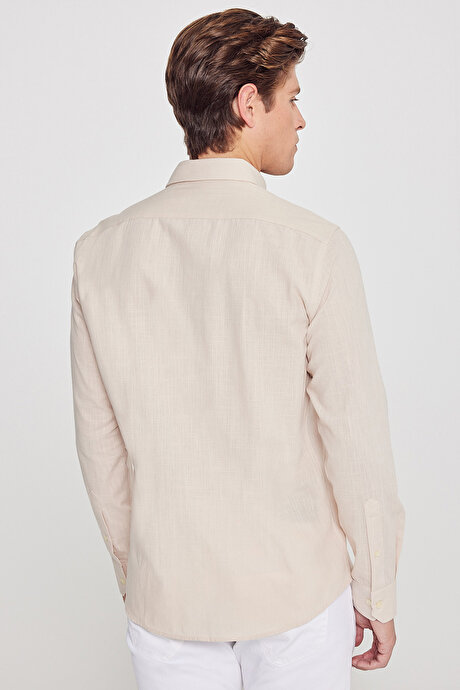 %100 Pamuk Flamlı Oxford Slim Fit Dar Kesim Düğmeli Yaka Bej Gömlek resmi