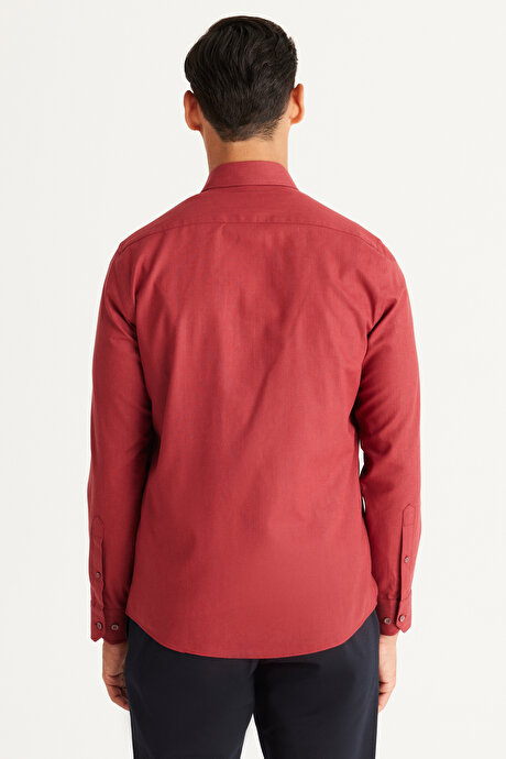 Tailored Slim Fit Dar Kesim Oxford Düğmeli Yaka Keten Görünümlü %100 Pamuk Flamlı Bordo Gömlek resmi