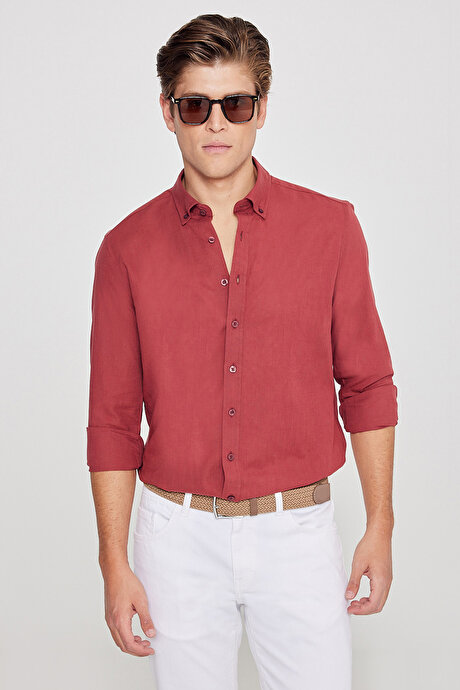 %100 Pamuk Flamlı Oxford Slim Fit Dar Kesim Düğmeli Yaka Bordo Gömlek resmi