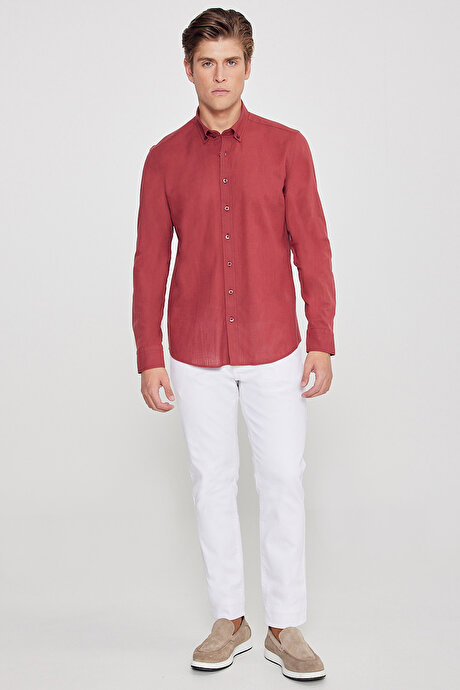 %100 Pamuk Flamlı Oxford Slim Fit Dar Kesim Düğmeli Yaka Bordo Gömlek resmi