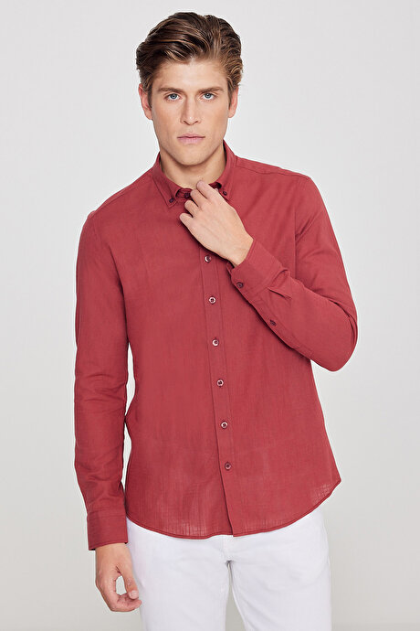 %100 Pamuk Flamlı Oxford Slim Fit Dar Kesim Düğmeli Yaka Bordo Gömlek resmi