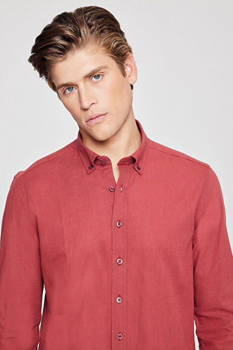 %100 Pamuk Flamlı Oxford Slim Fit Dar Kesim Düğmeli Yaka Bordo Gömlek resmi