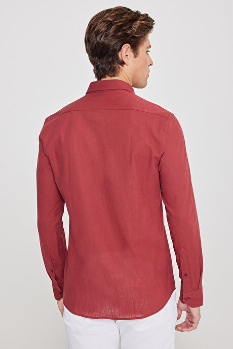 %100 Pamuk Flamlı Oxford Slim Fit Dar Kesim Düğmeli Yaka Bordo Gömlek resmi