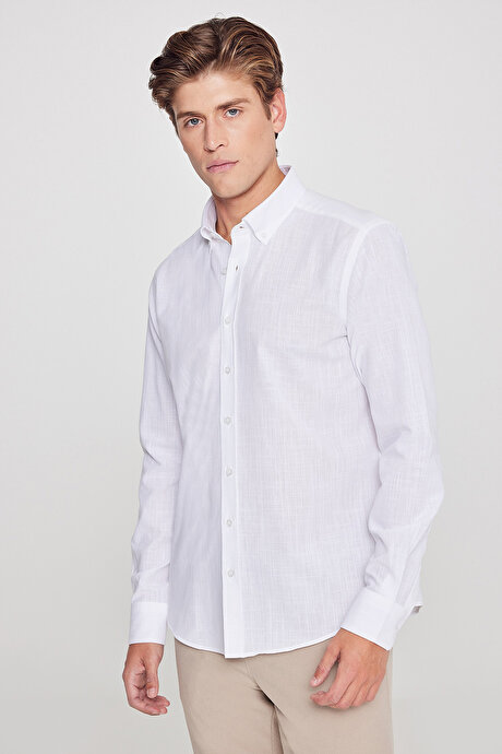 %100 Pamuk Flamlı Oxford Slim Fit Dar Kesim Düğmeli Yaka Beyaz Gömlek resmi