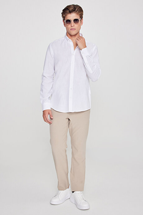 %100 Pamuk Flamlı Oxford Slim Fit Dar Kesim Düğmeli Yaka Beyaz Gömlek resmi