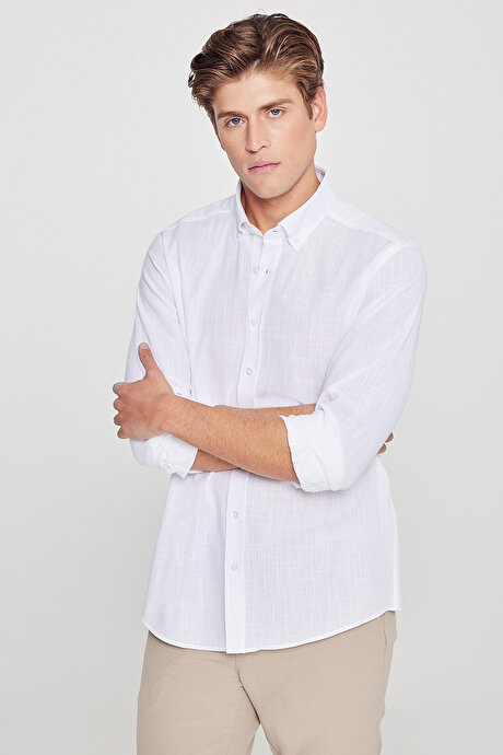 %100 Pamuk Flamlı Oxford Slim Fit Dar Kesim Düğmeli Yaka Beyaz Gömlek resmi