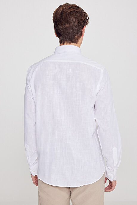 %100 Pamuk Flamlı Oxford Slim Fit Dar Kesim Düğmeli Yaka Beyaz Gömlek resmi