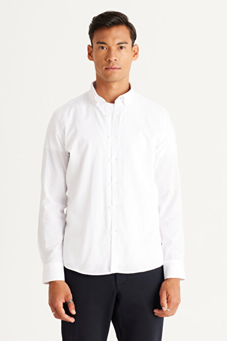 Tailored Slim Fit Dar Kesim Oxford Düğmeli Yaka Keten Görünümlü %100 Pamuk Flamlı Beyaz Gömlek resmi