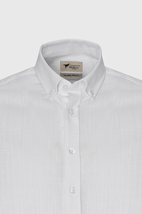%100 Pamuk Flamlı Oxford Slim Fit Dar Kesim Düğmeli Yaka Beyaz Gömlek resmi