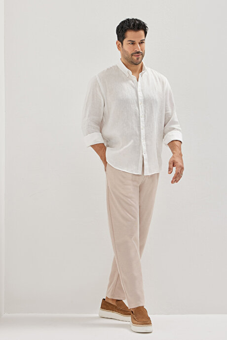 %100 Pamuk Flamlı Oxford Slim Fit Dar Kesim Düğmeli Yaka Beyaz Gömlek resmi