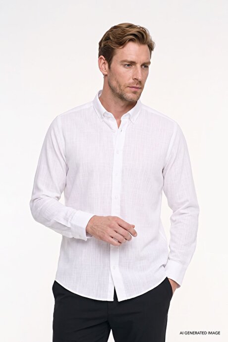 %100 Pamuk Flamlı Oxford Slim Fit Dar Kesim Düğmeli Yaka Beyaz Gömlek resmi