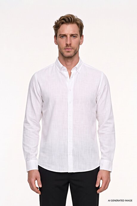 %100 Pamuk Flamlı Oxford Slim Fit Dar Kesim Düğmeli Yaka Beyaz Gömlek resmi