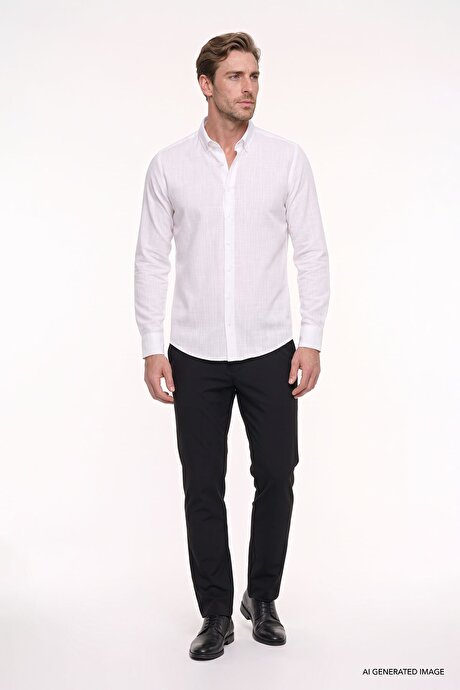 %100 Pamuk Flamlı Oxford Slim Fit Dar Kesim Düğmeli Yaka Beyaz Gömlek resmi
