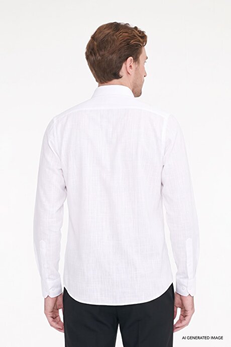 %100 Pamuk Flamlı Oxford Slim Fit Dar Kesim Düğmeli Yaka Beyaz Gömlek resmi