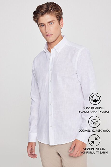 %100 Pamuk Flamlı Oxford Slim Fit Dar Kesim Düğmeli Yaka Beyaz Gömlek resmi