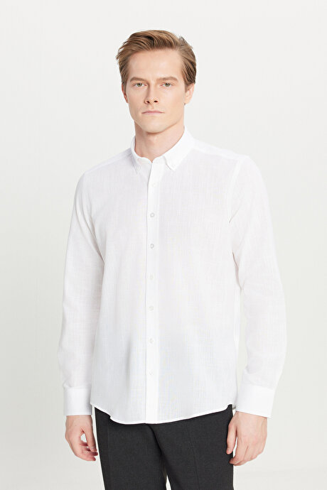 %100 Pamuk Flamlı Oxford Slim Fit Dar Kesim Düğmeli Yaka Beyaz Gömlek resmi