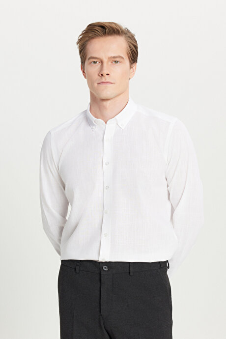 %100 Pamuk Flamlı Oxford Slim Fit Dar Kesim Düğmeli Yaka Beyaz Gömlek resmi