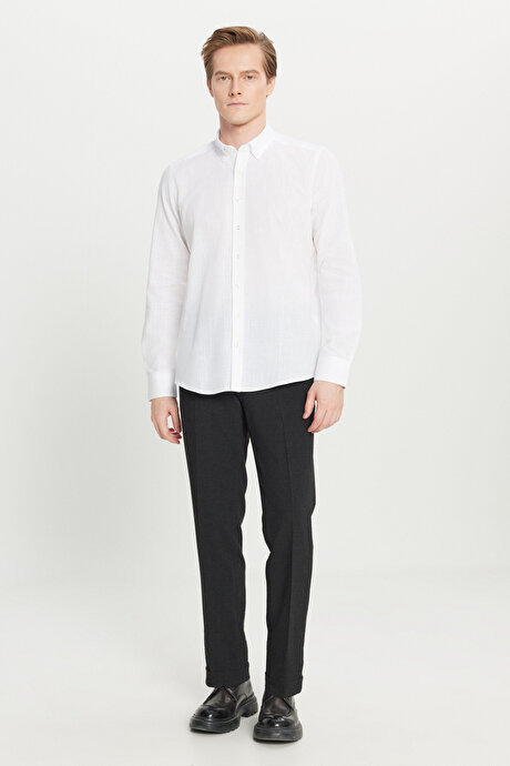 %100 Pamuk Flamlı Oxford Slim Fit Dar Kesim Düğmeli Yaka Beyaz Gömlek resmi