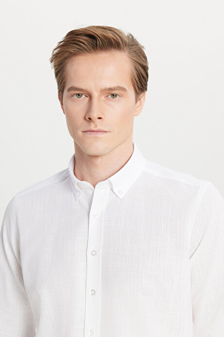 %100 Pamuk Flamlı Oxford Slim Fit Dar Kesim Düğmeli Yaka Beyaz Gömlek resmi