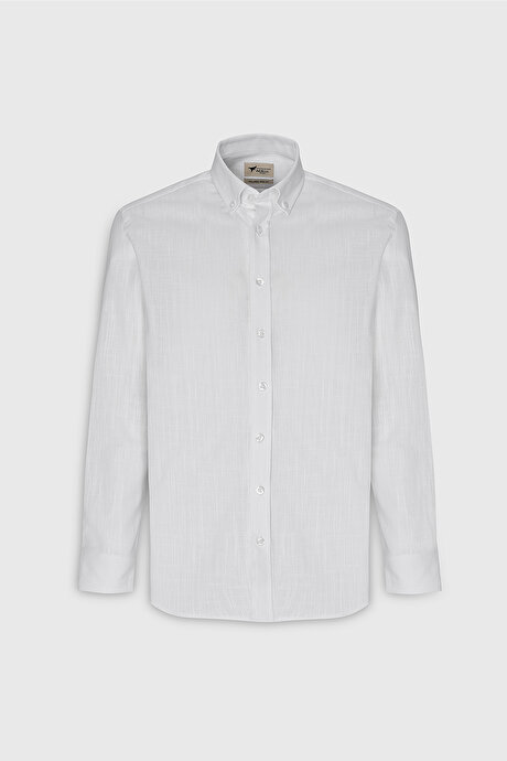 %100 Pamuk Flamlı Oxford Slim Fit Dar Kesim Düğmeli Yaka Beyaz Gömlek resmi