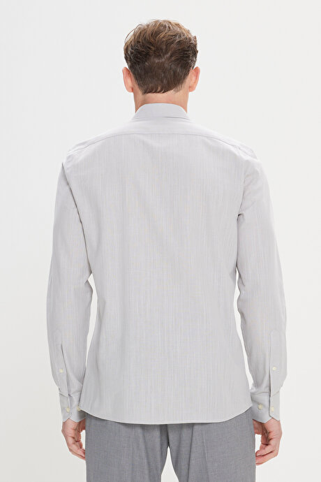 Tailored Slim Fit Dar Kesim Düğmeli Yaka Keten Görünümlü %100 Pamuk Flamlı Gri Gömlek resmi