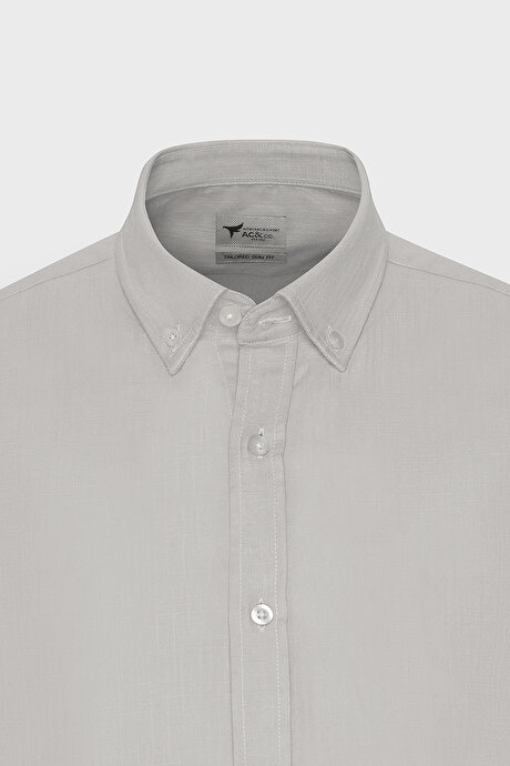 Tailored Slim Fit Dar Kesim Düğmeli Yaka Keten Görünümlü %100 Pamuk Flamlı Gri Gömlek resmi