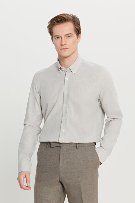 %100 Pamuk Flamlı Oxford Slim Fit Dar Kesim Düğmeli Yaka Gri Gömlek resmi